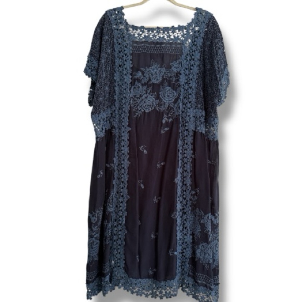 Johnny Was Rose Garden Georgette Lace Crocheted Dress in Blue Size 2X - Picture 7 of 12